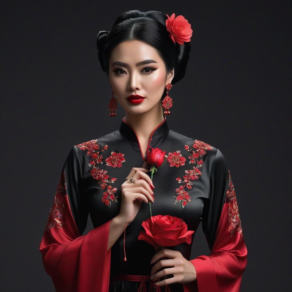  Paint Style, 1girl, solo, looking at viewer, black hair, hair ornament, long sleeves, dress, holding, brown eyes, jewelry, upper body, flower, earrings, hair flower, wide sleeves, necklace, petals, makeup, rose, chinese clothes, lipstick, black background, red flower, gem, holding flower, red lips hyperrealistic, full body, detailed clothing, highly detailed, cinematic lighting, stunningly beautiful, intricate, sharp focus, f/1. 8, 85mm, (centered image composition), (professionally color graded), ((bright soft diffused light)), volumetric fog, trending on instagram, trending on tumblr, HDR 4K, 8K