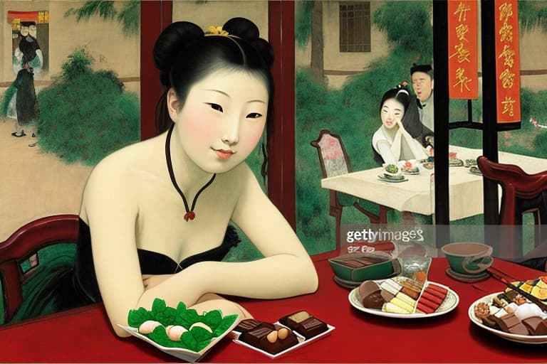  Happy Beautiful young Chinese reclining on a dinner table, fine chocolates. Background is a Chinese restaurant. Painting style of Edgar Degas