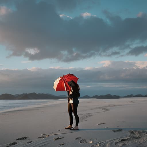 analog style a on the beach with a black umbrella hyperrealistic, full body, detailed clothing, highly detailed, cinematic lighting, stunningly beautiful, intricate, sharp focus, f/1. 8, 85mm, (centered image composition), (professionally color graded), ((bright soft diffused light)), volumetric fog, trending on instagram, trending on tumblr, HDR 4K, 8K