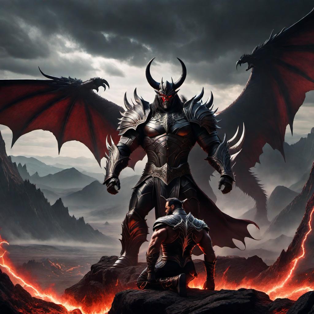  A scene depicting a man dressed in leather armor kneeling and facing a strong and imposing demon in a hellish landscape. The man should appear as though he is prepared for a battle or perhaps showing respect to the demon. The demon should be towering over the man, with a muscular build, large wings, fierce horns, and an intimidating expression. The background should capture the essence of hell, with flames, jagged rocks, and an ominous, fiery sky. hyperrealistic, full body, detailed clothing, highly detailed, cinematic lighting, stunningly beautiful, intricate, sharp focus, f/1. 8, 85mm, (centered image composition), (professionally color graded), ((bright soft diffused light)), volumetric fog, trending on instagram, trending on tumblr, HDR 4K, 8K