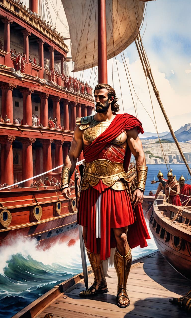  ( best quality, masterpiece, watercolor, photorealism: 1,2) ( ancient Greece, acropolis on the shore, ancient Greek galley, white sail, wooden hull of the ship, a Greek in red armor stands on the bow, good detail hyperrealistic, full body, detailed clothing, highly detailed, cinematic lighting, stunningly beautiful, intricate, sharp focus, f/1. 8, 85mm, (centered image composition), (professionally color graded), ((bright soft diffused light)), volumetric fog, trending on instagram, trending on tumblr, HDR 4K, 8K