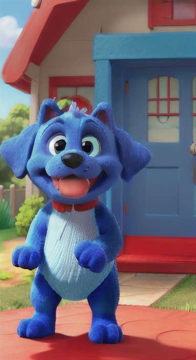  {Max the big blue dog standing in front of a cozy little house with a red door, The big blue dog is large with sky blue fur, big round eyes, a black nose, and floppy ears.