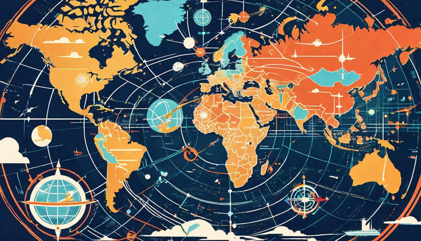  retro futuristic A navigational map overlaying Earth, with vibrant paths connecting continents, altering our collective journey towards a more positive future. Dynamic, interconnected, transformative. lvintage sci fi, 50s and 60s style, atomic age, vibrant, highly detailed