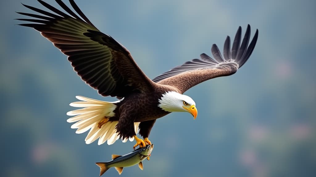  good quality, high quality, majestic bald eagle soaring with a fish in its talons