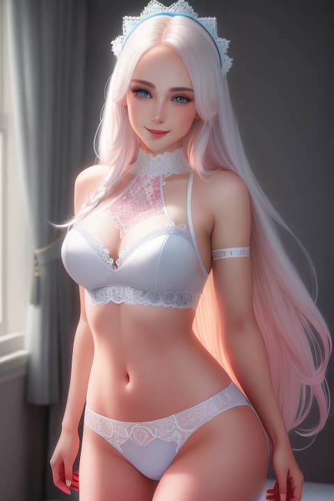  white , long  hair, blue eyes, thin face, smiling, bare shoulders, pink lace , fitted lace , slim , bedroom, full body photo, 1, , detailed eyes, hyperrealistic, full body, highly detailed, cinematic lighting, intricate, sharp focus, f/1. 8, 85mm, (centered image composition), (professionally color graded), ((bright soft diffused light)), volumetric fog, trending on instagram, HDR 4K, 8K