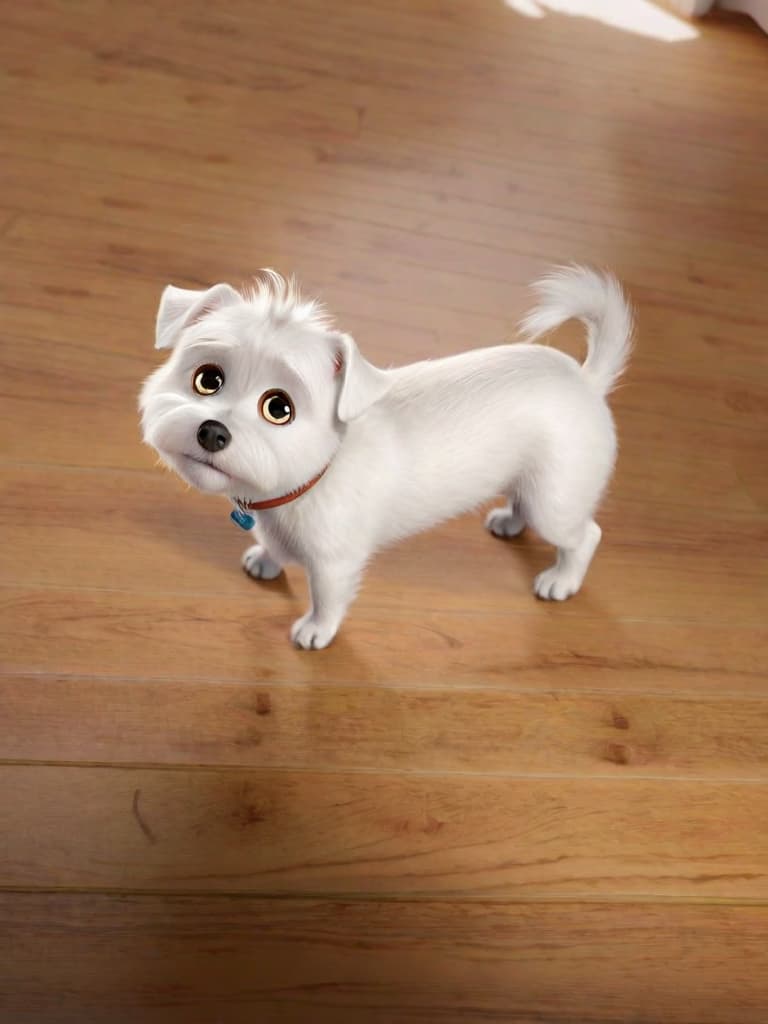  ultra high resolution, 4K image,masterpiece,best_quality,detailed eyes,(pixar style:1.2),(cartoon character,funny),a small white dog is standing on a wooden floor