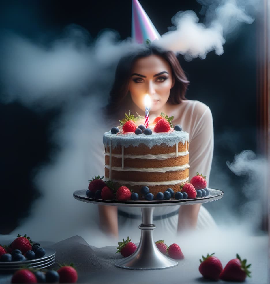  birthday cake in the mist hyperrealistic, full body, detailed clothing, highly detailed, cinematic lighting, stunningly beautiful, intricate, sharp focus, f/1. 8, 85mm, (centered image composition), (professionally color graded), ((bright soft diffused light)), volumetric fog, trending on instagram, trending on tumblr, HDR 4K, 8K