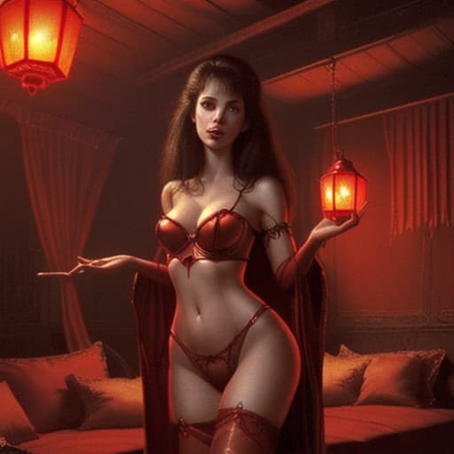  80's fantasy art, A seductive woman standing in a dimly lit room in a medieval brothel. Soft red lantern lights cast shadows. She is wearing revealing attire and holding a sultry look. The room has cushions and tapestries scattered around, creating an intimate and slightly decadent atmosphere.