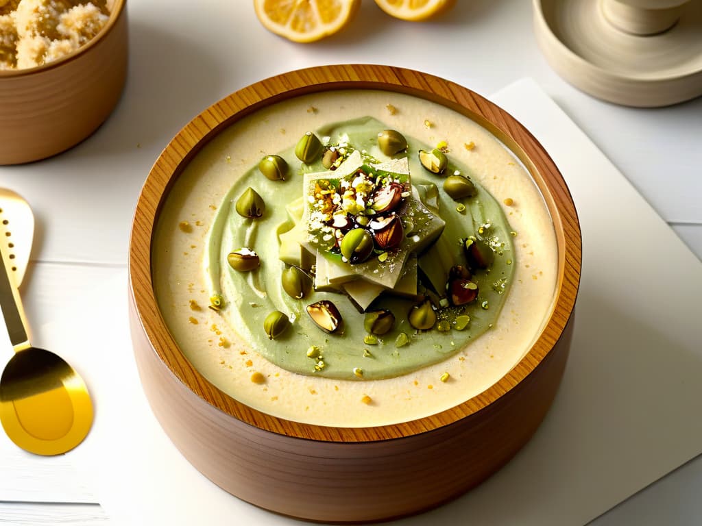  An intricately designed wooden bowl filled with goldenbrown halva, topped with a sprinkle of crushed pistachios and a drizzle of honey, set against a simple, clean white background. hyperrealistic, full body, detailed clothing, highly detailed, cinematic lighting, stunningly beautiful, intricate, sharp focus, f/1. 8, 85mm, (centered image composition), (professionally color graded), ((bright soft diffused light)), volumetric fog, trending on instagram, trending on tumblr, HDR 4K, 8K