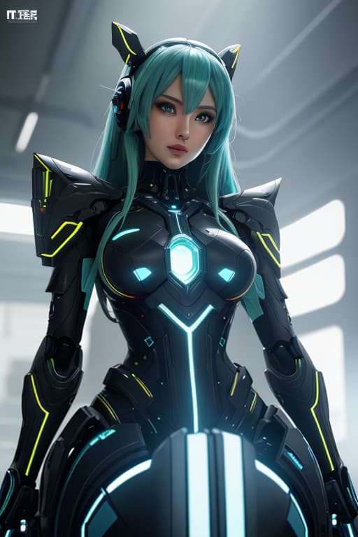  cgmech, beautiful eyes, upper body, underboob, portrait, robot, armor, Hatsune Miku, neon light, 8K, RAW, best quality, masterpiece, ultra high res, colorful, (medium wide shot), (dynamic perspective), sharp focus , (depth of field, bokeh:1.3), extremely detailed eyes and face, beautiful detailed eyes,large breasts,(black gold, trimmed gear:1.2),(In a futuristic weapons factory:1.2), ((masterpiece, best quality)), <lora:more details:0.3> Detailed background, spaceship interior <lora:Niji:0.5> hyperrealistic, full body, detailed clothing, highly detailed, cinematic lighting, stunningly beautiful, intricate, sharp focus, f/1. 8, 85mm, (centered image composition), (professionally color graded), ((bright soft diffused light)), volumetric fog, trending on instagram, trending on tumblr, HDR 4K, 8K