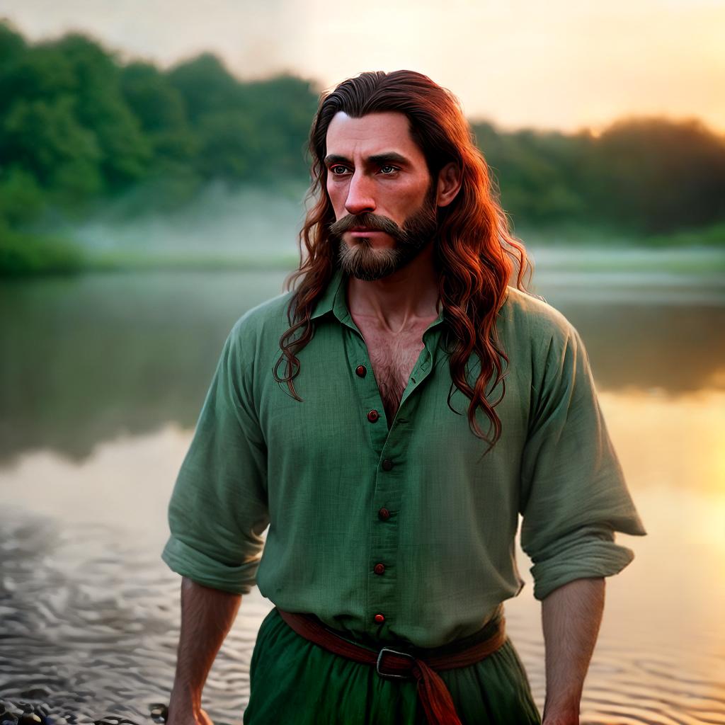  an ugly man with long red-brown wavy hair and sideburns, cheekbones, with a high nose and green eyes, without mustache and beard, in a peasant shirt of wormwood color washes his feet in the river in the evening ,highly detailed, cinematic lighting, stunningly beautiful, intricate, sharp focus, f1. 8, 85mm, (centered image composition), (professionally color graded), ((bright soft diffused light)), volumetric fog, trending on instagram, trending on tumblr, HDR 4K, 8K