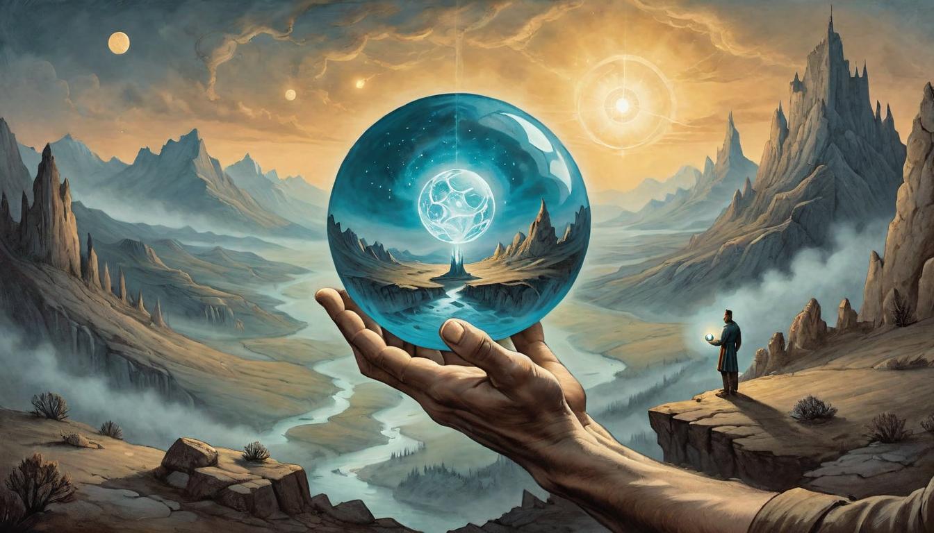  on parchment, surrealism+++, Two hands holding a glowing orb above a rugged landscape at twilight, orb pulsating with light, commitment, earthbound connection(mysterious, provocative, symbolic,muted color)+++