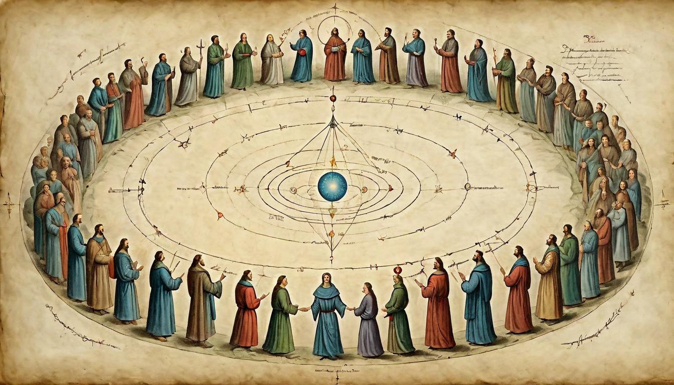  on parchment, surrealism+++, A circle of people with light strands connecting their hearts, central guiding figure, collective ascension, harmony, linked destinies(mysterious, provocative, symbolic,muted color)+++