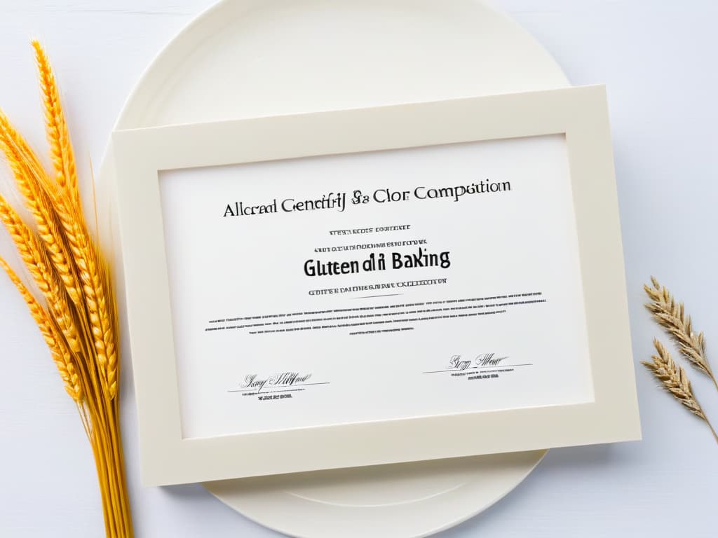  A beautifully designed digital certificate for glutenfree baking, featuring elegant typography and a subtle watermark of wheat crossed out, symbolizing the exclusion of gluten in the certification. The certificate is displayed against a clean, white background, exuding professionalism and simplicity. hyperrealistic, full body, detailed clothing, highly detailed, cinematic lighting, stunningly beautiful, intricate, sharp focus, f/1. 8, 85mm, (centered image composition), (professionally color graded), ((bright soft diffused light)), volumetric fog, trending on instagram, trending on tumblr, HDR 4K, 8K