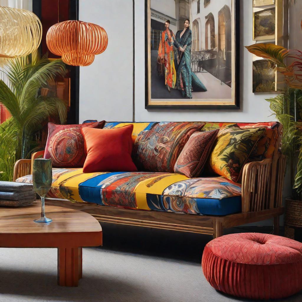  Sofa, 3-D model, Wooden stand, sustainable, linen, roche bobios, jean paul gaultier prints, bright colours, cotton, 3-seater, cushions, maximalist, Mah Jong Sofa, studio hyperrealistic, full body, detailed clothing, highly detailed, cinematic lighting, stunningly beautiful, intricate, sharp focus, f/1. 8, 85mm, (centered image composition), (professionally color graded), ((bright soft diffused light)), volumetric fog, trending on instagram, trending on tumblr, HDR 4K, 8K