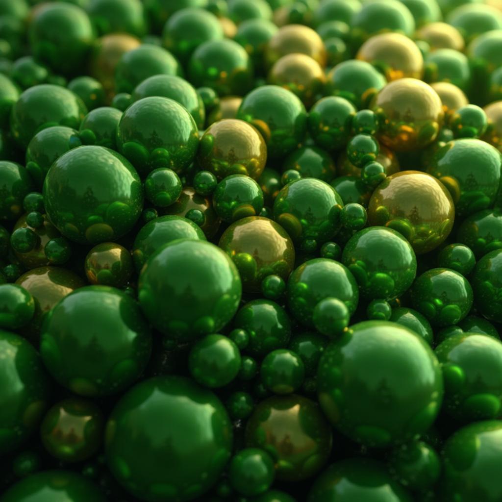  good quality, high quality, dynamic abstract composition featuring green and gold spheres with reflective surfaces, creating a visually striking and futuristic design. perfect for modern art and tech themed projects.