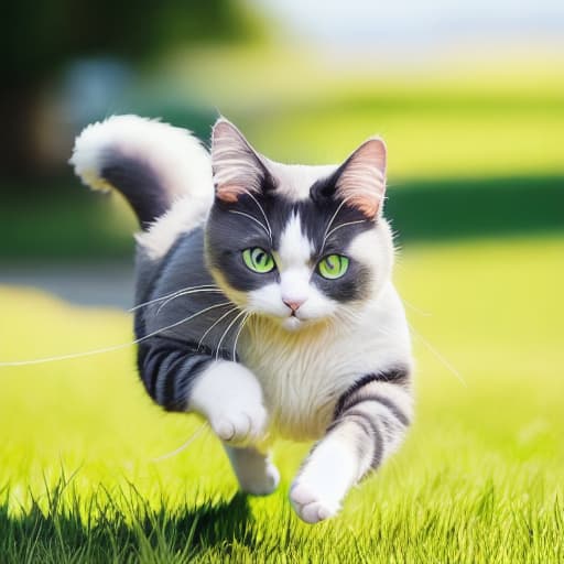 modelshoot style cat running, mid-stride, sleek fur, agile, graceful, blurred motion, energetic,, outdoor setting, sunny day, green grass, blue sky, fluffy tail, expressive eyes.