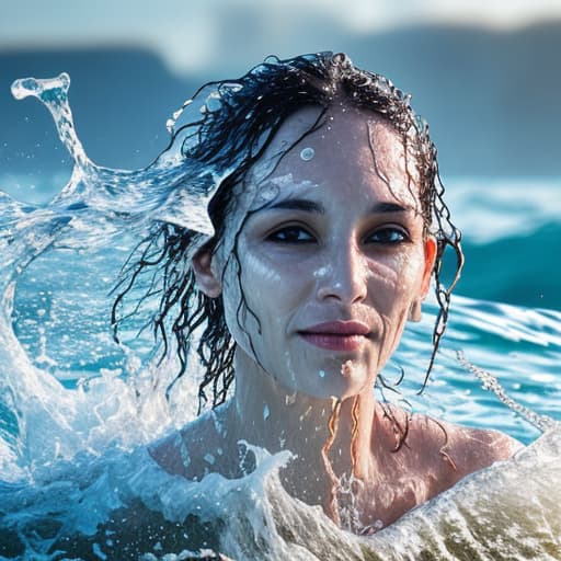  woman's eyes, nose and cheekbones sticking from the water a lot of water waves and splashes around The shore is visible in the background