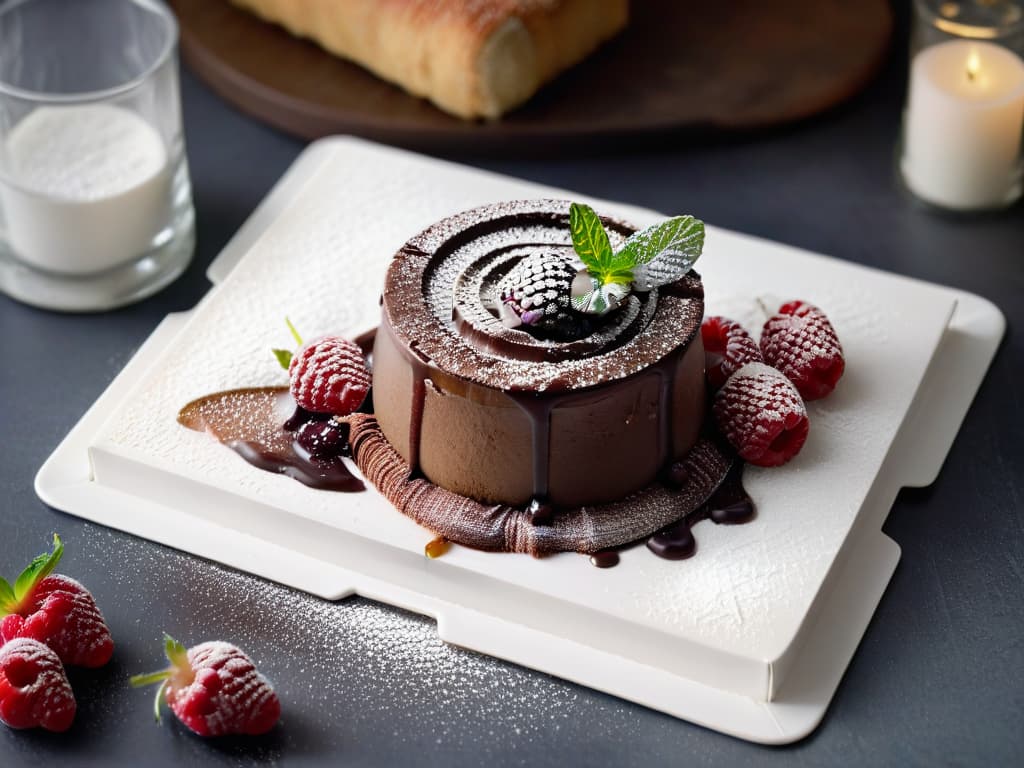  A closeup, photorealistic image of a decadent chocolate lava cake on a delicate white plate, dusted with powdered sugar and surrounded by fresh raspberries and a sprig of mint. The warm, gooey center of the cake is oozing out, creating a mouthwatering visual appeal. The lighting is soft, highlighting the glossy texture of the chocolate and the vibrant colors of the berries. The background is blurred to keep the focus on the delicious dessert, inviting the viewer to savor the aroma and taste through the screen. hyperrealistic, full body, detailed clothing, highly detailed, cinematic lighting, stunningly beautiful, intricate, sharp focus, f/1. 8, 85mm, (centered image composition), (professionally color graded), ((bright soft diffused light)), volumetric fog, trending on instagram, trending on tumblr, HDR 4K, 8K