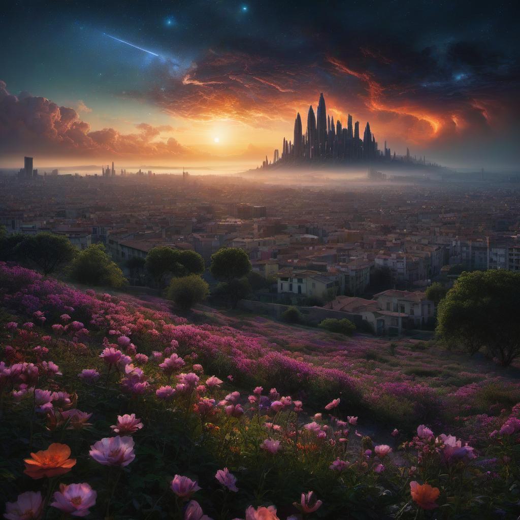  (stylized by Tomasz Alen Kopera:1.3) , dark art, dense flower field and Perseid meteor in background, landscape of a (Barcelona:1.2) , very Bizarre and 1600'S, Hurricane, Glitchcore, Amaro, layered textures, ornate, intricate artistic color, complimentary colors, very inspirational, atmosphere, fine artistic composition, sunny, theatrical hyperrealistic, full body, detailed clothing, highly detailed, cinematic lighting, stunningly beautiful, intricate, sharp focus, f/1. 8, 85mm, (centered image composition), (professionally color graded), ((bright soft diffused light)), volumetric fog, trending on instagram, trending on tumblr, HDR 4K, 8K