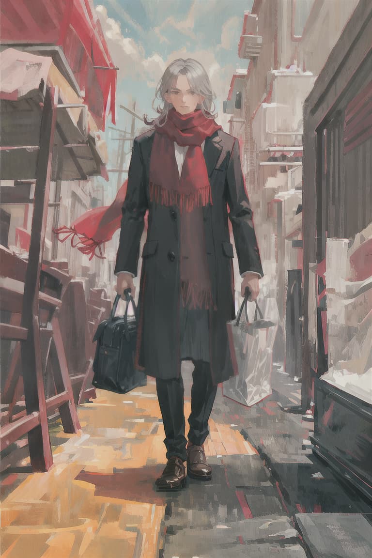  master piece , best quality,Gray hair, male, red scarf, long black coat, adventurer