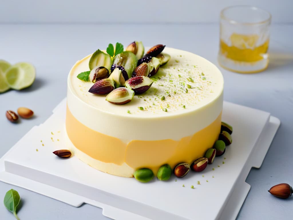  A highresolution, minimalist image of a beautifully plated Mujabbana cheese cake, featuring intricate layers of creamy cheese, topped with a delicate sprinkle of pistachios and a drizzle of honey, set against a simple, elegant backdrop to highlight its exquisite details. hyperrealistic, full body, detailed clothing, highly detailed, cinematic lighting, stunningly beautiful, intricate, sharp focus, f/1. 8, 85mm, (centered image composition), (professionally color graded), ((bright soft diffused light)), volumetric fog, trending on instagram, trending on tumblr, HDR 4K, 8K