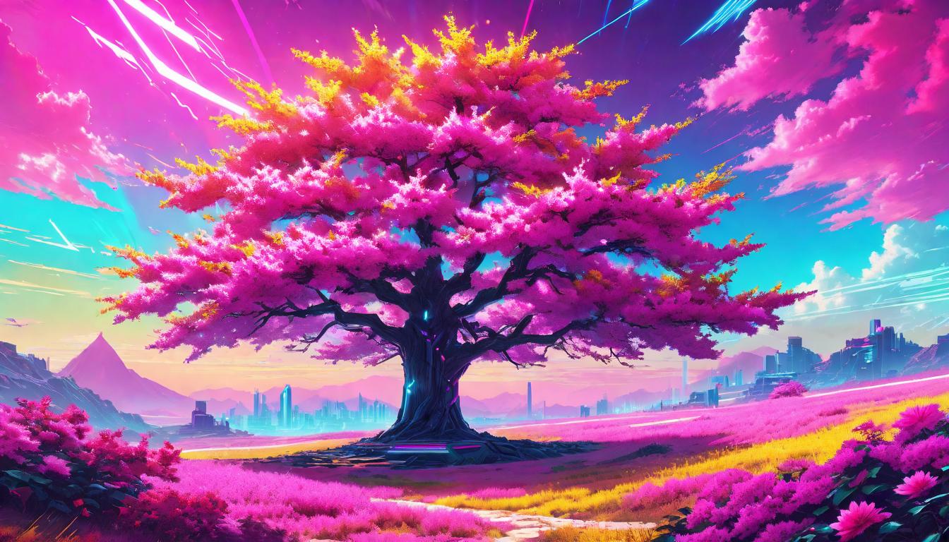  vaporwave,cyberpunk game style A tree in full bloom, standing tall at the center of a barren field, stark contrast between vitality and dormancy, blossoms symbolizing personal growth and spiritual healing.eon, dystopian, futuristic, digital, vibrant, detailed, high contrast, reminiscent of cyberpunk genre video games,retro aesthetic, cyberpunk, vibrant, neon colors, vintage 80s and 90s style, highly detailed