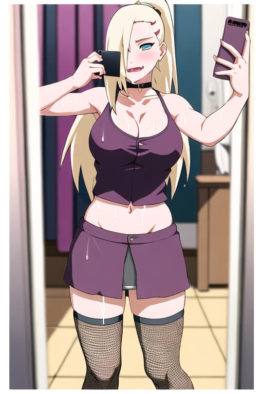  (yamanaka_ino:1.2), hair down,(masterpiece, best quality:1.2), illustration, absurdres, highres, extremely detailed,fullbody,fitting_room,caught,selfie,taking picture,cellphone depth of field, female pov, holding phone, looking at phone, mirror,, phone photo, background, reflection,lace-trimmed_legwear,student,tank_top,tongue out,drooling,grab,in mouth,scornful face,soggywet,,sweating_profusely,medium,cat_tail