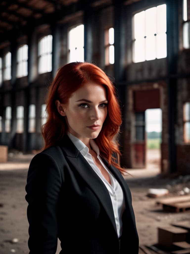  cinematic film still Special agent girl with red hair in black suit on abandoned warehouse. . shallow depth of field, vignette, highly detailed, high budget, bokeh, cinemascope, moody, epic, gorgeous, film grain, grainy