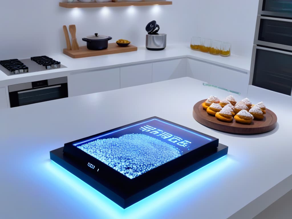  An ultradetailed 8k image of a sleek, modern kitchen counter with various holographic augmented reality dessert recipes floating above it. The countertop is spotless, showcasing a hightech AR headset resting on one side, while digital representations of ingredients and utensils hover elegantly around the workspace. The AR desserts appear hyperrealistic, emitting a soft glow that illuminates the minimalist kitchen setting, creating a futuristic and enticing atmosphere for immersive learning. hyperrealistic, full body, detailed clothing, highly detailed, cinematic lighting, stunningly beautiful, intricate, sharp focus, f/1. 8, 85mm, (centered image composition), (professionally color graded), ((bright soft diffused light)), volumetric fog, trending on instagram, trending on tumblr, HDR 4K, 8K