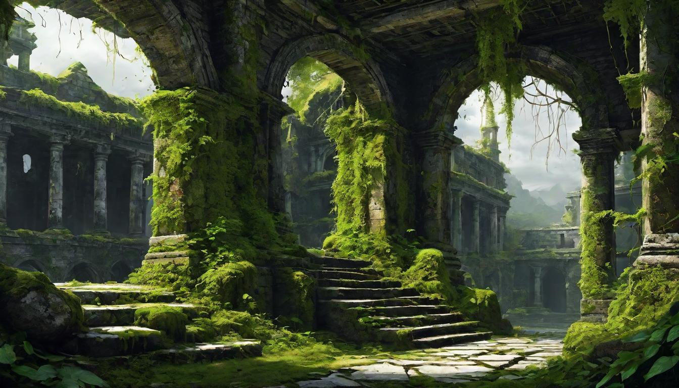  digital illustration, Crumbling ancient structures, overgrown with vines and moss, cracks and decay visible, gloomy atmosphere, symbolic of decline, looking at viewer, dynamic pose, (intricate details, masterpiece, best quality)