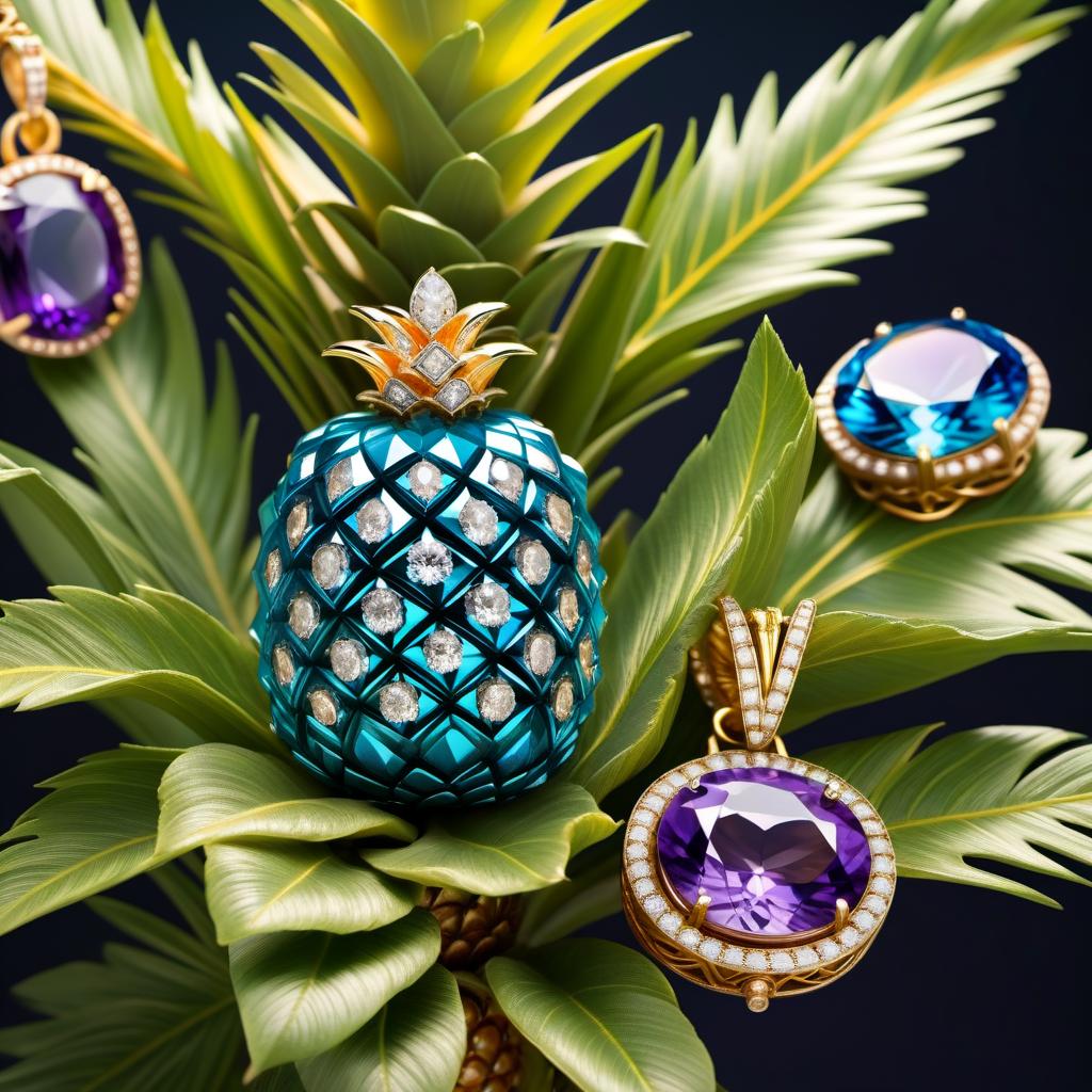  ethereal fantasy concept art of ( Frame): made of gold and diamond chains with pendants of blue stones framed by small diamonds. (Pineapple): gold jewellery in the shape of a pineapple fruit decorated with amethyst inlays. The leaves are green coloured emeralds. On the left side the pineapple is framed by golden petunia flowers. (Background): night sky with shining golden stars and shards of diamonds, blue stones and amethysts. At the bottom and top of the background are three decorative thin gold stripes. . magnificent, celestial, ethereal, painterly, epic, majestic, magical, fantasy art, cover art, dreamy hyperrealistic, full body, detailed clothing, highly detailed, cinematic lighting, stunningly beautiful, intricate, sharp focus, f/1. 8, 85mm, (centered image composition), (professionally color graded), ((bright soft diffused light)), volumetric fog, trending on instagram, trending on tumblr, HDR 4K, 8K