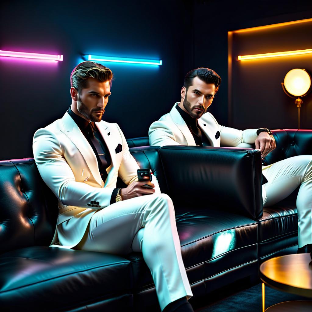  cinematic photo Restaurant. Two men sitting on a sofa. Black sofa. White suits. Neon lighting. . 35mm photograph, film, bokeh, professional, 4k, highly detailed hyperrealistic, full body, detailed clothing, highly detailed, cinematic lighting, stunningly beautiful, intricate, sharp focus, f/1. 8, 85mm, (centered image composition), (professionally color graded), ((bright soft diffused light)), volumetric fog, trending on instagram, trending on tumblr, HDR 4K, 8K