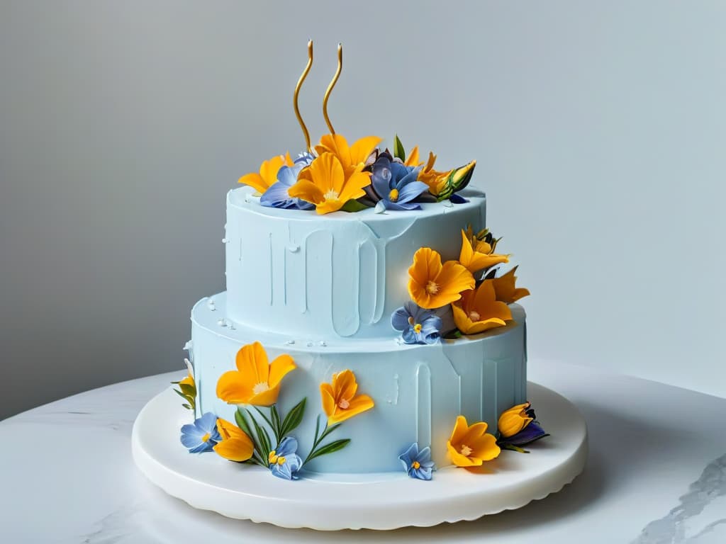  A closeup, ultrahighresolution image of a perfectly frosted and meticulously decorated threetiered cake, adorned with delicate edible flowers and intricate piping details. The cake sits on a sleek, modern marble countertop, with soft natural light casting elegant shadows, highlighting the impeccable craftsmanship and artistry of the confection. hyperrealistic, full body, detailed clothing, highly detailed, cinematic lighting, stunningly beautiful, intricate, sharp focus, f/1. 8, 85mm, (centered image composition), (professionally color graded), ((bright soft diffused light)), volumetric fog, trending on instagram, trending on tumblr, HDR 4K, 8K