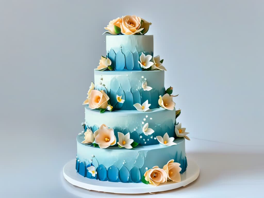  A photorealistic image of a beautifully decorated and intricately designed wedding cake, with delicate fondant flowers in pastel colors cascading down the tiers. The cake is set against a soft, blurred background to enhance its details, showcasing the impeccable craftsmanship and artistry involved in creating such a masterpiece. hyperrealistic, full body, detailed clothing, highly detailed, cinematic lighting, stunningly beautiful, intricate, sharp focus, f/1. 8, 85mm, (centered image composition), (professionally color graded), ((bright soft diffused light)), volumetric fog, trending on instagram, trending on tumblr, HDR 4K, 8K