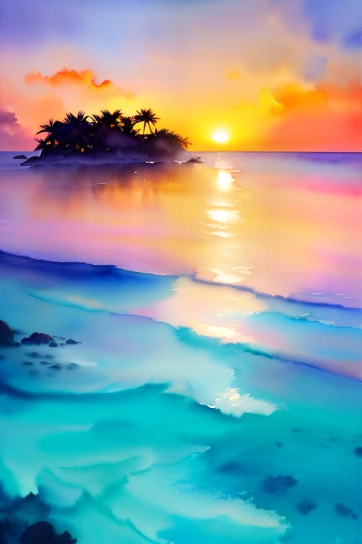  sea, tropical island, sunset sky, (Watercolor painting) soft colors ,fluid strokes ,transparent layers hyperrealistic, full body, detailed clothing, highly detailed, cinematic lighting, stunningly beautiful, intricate, sharp focus, f/1. 8, 85mm, (centered image composition), (professionally color graded), ((bright soft diffused light)), volumetric fog, trending on instagram, trending on tumblr, HDR 4K, 8K