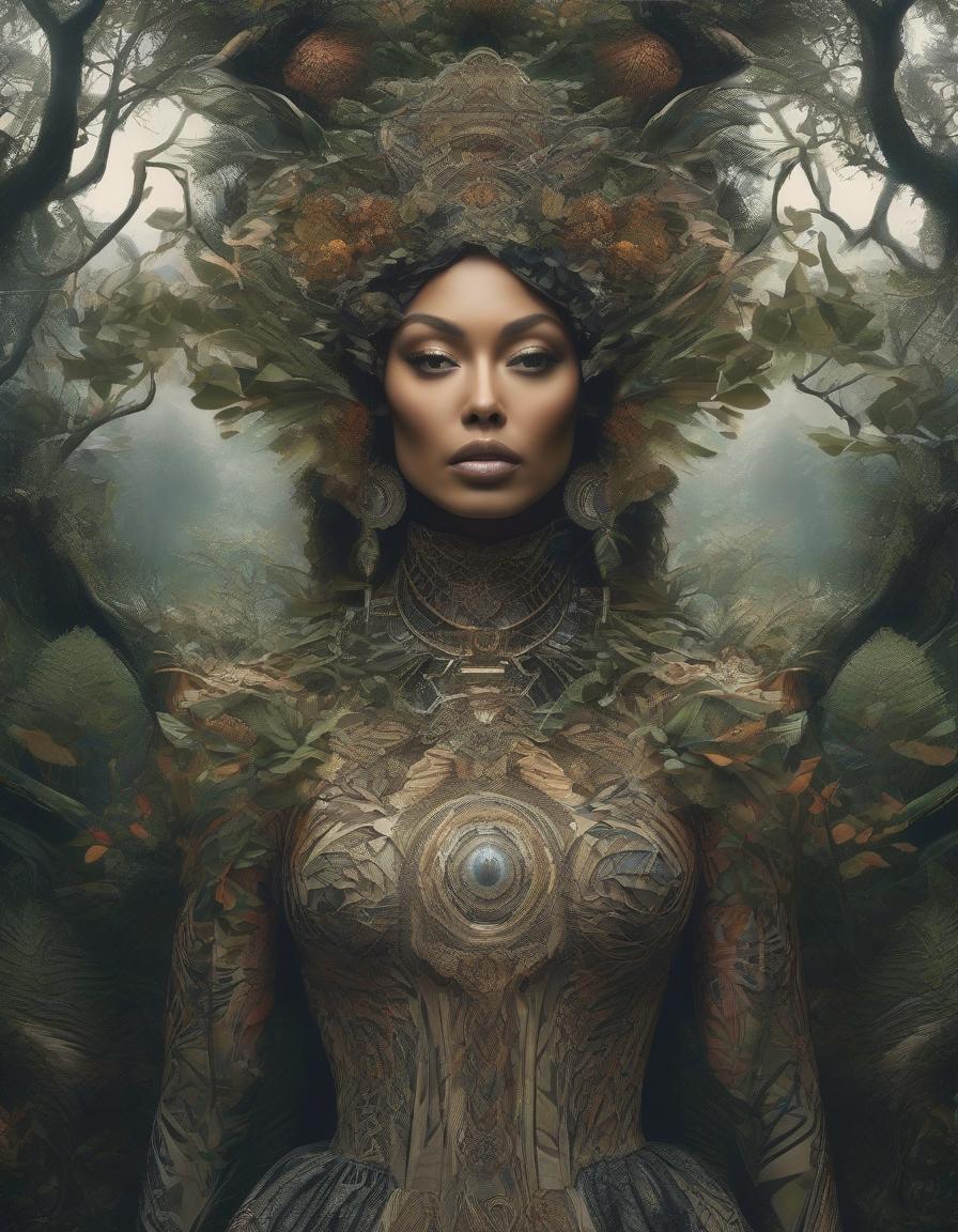  surrealist art A stunning digital painting of a mysterious forest woman with intricate details, geometric patterns, and surreal elements. The artwork is highly detailed, photorealistic, and beautifully balanced, showcasing a masterful blend of fantasy and realism. . dreamlike, mysterious, provocative, symbolic, intricate, detailed hyperrealistic, full body, detailed clothing, highly detailed, cinematic lighting, stunningly beautiful, intricate, sharp focus, f/1. 8, 85mm, (centered image composition), (professionally color graded), ((bright soft diffused light)), volumetric fog, trending on instagram, trending on tumblr, HDR 4K, 8K