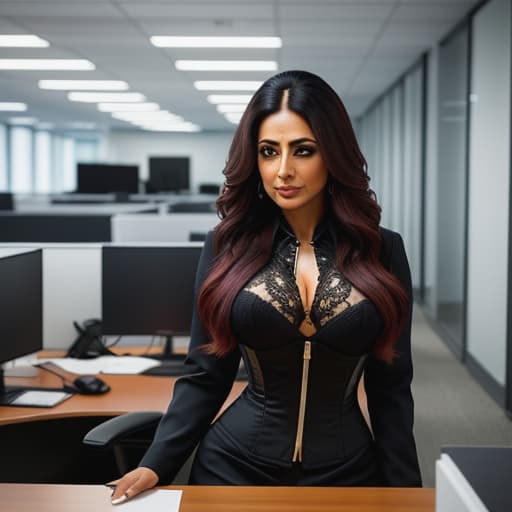  send me the standing full body picture Nisha, after successfully hiding her sensual accessories under her work clothing, steps out of her cubicle to receive further instructions from her boss. She stands tall with an air of quiet confidence due to the that's hidden beneath the conservative office suit she wears. Her full curves are now accentuated by the corset encasing her waist and pushing up against her ample age without being too obvious at first glance. As she listens attentively to the guidelines handed down by him for a project deadline, he suddenly notices a hint of seduction radiating from this innocent-looking office in his peripheral vision. Intrigued yet confused by such an incongruity, he discreetly stud hyperrealistic, full body, detailed clothing, highly detailed, cinematic lighting, stunningly beautiful, intricate, sharp focus, f/1. 8, 85mm, (centered image composition), (professionally color graded), ((bright soft diffused light)), volumetric fog, trending on instagram, trending on tumblr, HDR 4K, 8K