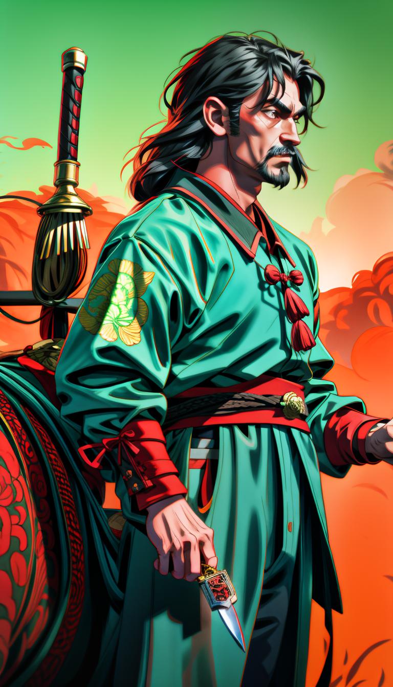  Masterpiece, the best quality, a male, Guan Yu, green Guan Gong uniform, wearing armor, holding Guan Gong knife in hand, full body, ancient, ancient costume, complex, printed, patterned, riding sweat BMW, red and black sweat BMW, black hair, flames, smoke, battlefield, galloping on horseback, holding Guan Gong knife in hand, killing enemies, serious hyperrealistic, full body, detailed clothing, highly detailed, cinematic lighting, stunningly beautiful, intricate, sharp focus, f/1. 8, 85mm, (centered image composition), (professionally color graded), ((bright soft diffused light)), volumetric fog, trending on instagram, trending on tumblr, HDR 4K, 8K