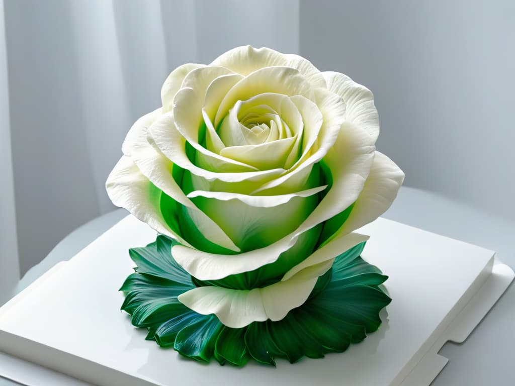  An intricate sugar sculpture of a blooming rose, delicately crafted with layers of translucent petals, showcasing the artistry and skill of sugar sculpting techniques. The rose is placed on a simple, elegant white pedestal, with soft lighting highlighting its intricate details and graceful curves. hyperrealistic, full body, detailed clothing, highly detailed, cinematic lighting, stunningly beautiful, intricate, sharp focus, f/1. 8, 85mm, (centered image composition), (professionally color graded), ((bright soft diffused light)), volumetric fog, trending on instagram, trending on tumblr, HDR 4K, 8K