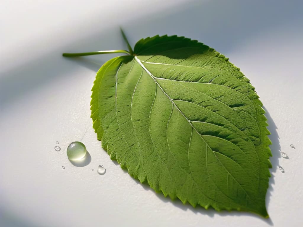  A closeup, ultradetailed image of a delicate green tea leaf covered in vibrant, powdery matcha. The leaf is placed on a sleek, modern white marble surface, casting a subtle shadow, with tiny water droplets glistening on its surface, highlighting the intricate veins and texture of the leaf. The soft natural light illuminates the leaf, emphasizing the rich green hues and creating a serene, minimalist composition that exudes elegance and sophistication. hyperrealistic, full body, detailed clothing, highly detailed, cinematic lighting, stunningly beautiful, intricate, sharp focus, f/1. 8, 85mm, (centered image composition), (professionally color graded), ((bright soft diffused light)), volumetric fog, trending on instagram, trending on tumblr, HDR 4K, 8K