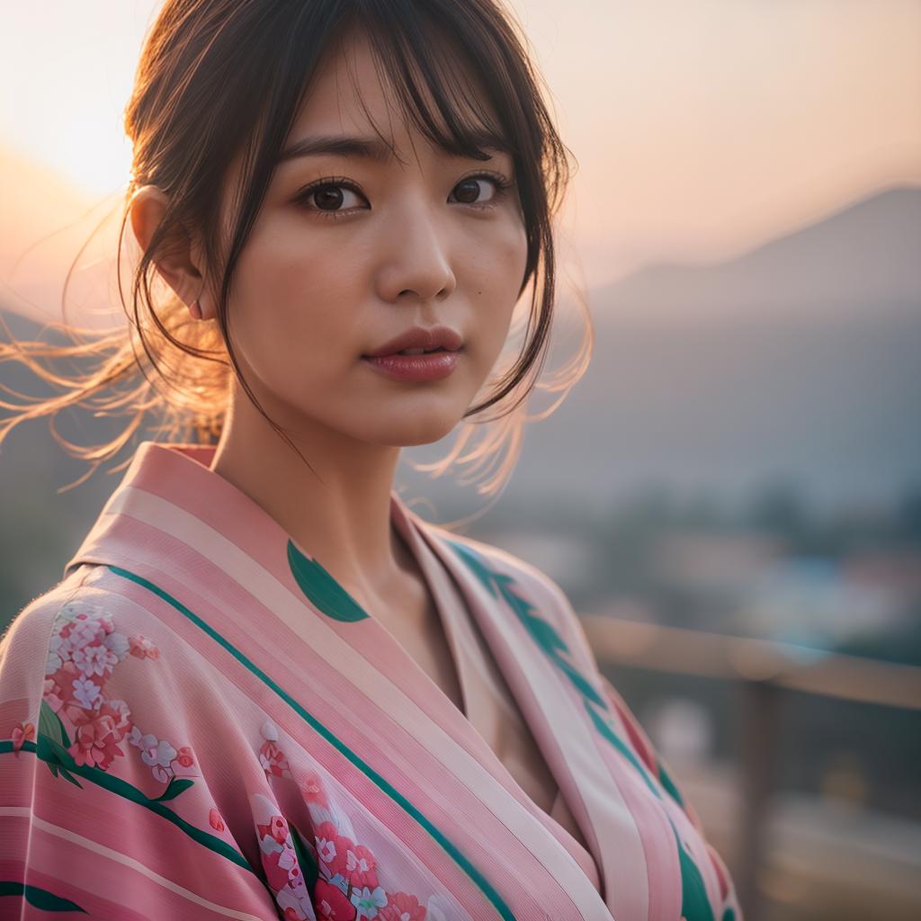  (masterpiece:1.3), (8k, photorealistic, photo, best quality: 1.4), (Japanese woman wearing clothes:),(realistic face), realistic eyes, (realistic skin), beautiful skin, kimono, (perfect body:1.3), (detailed body:1.2), hyperrealistic, full body, detailed clothing, highly detailed, cinematic lighting, stunningly beautiful, intricate, sharp focus, f/1. 8, 85mm, (centered image composition), (professionally color graded), ((bright soft diffused light)), volumetric fog, trending on instagram, trending on tumblr, HDR 4K, 8K