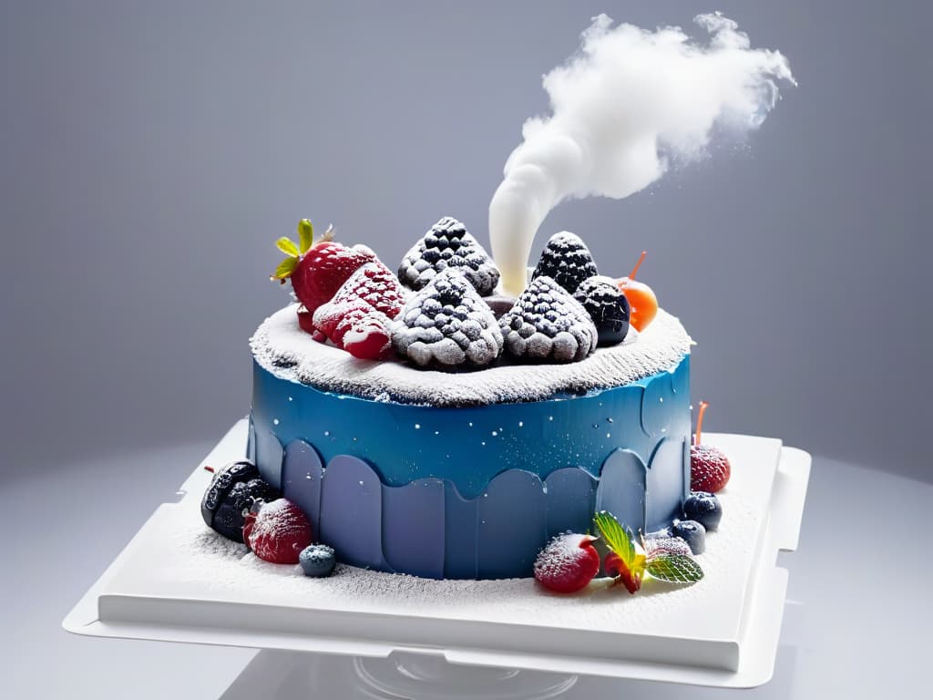  An ultradetailed closeup image of a delicate, intricately designed virtual cake floating in midair, surrounded by virtual ingredients like flour, sugar, and berries, all enhanced with augmented reality technology. The cake features vibrant colors and intricate patterns, showcasing the fusion of traditional baking with cuttingedge AR technology. The scene is set against a stark white background, emphasizing the minimalistic and futuristic aesthetic of the image. hyperrealistic, full body, detailed clothing, highly detailed, cinematic lighting, stunningly beautiful, intricate, sharp focus, f/1. 8, 85mm, (centered image composition), (professionally color graded), ((bright soft diffused light)), volumetric fog, trending on instagram, trending on tumblr, HDR 4K, 8K