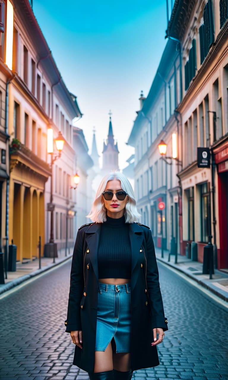  cinematic photo A girl with white hair in glasses, wearing black clothing, full length in a cityscape. . 35mm photograph, film, bokeh, professional, 4k, highly detailed, FILM PHOTOGRAPHY STYLE hyperrealistic, full body, detailed clothing, highly detailed, cinematic lighting, stunningly beautiful, intricate, sharp focus, f/1. 8, 85mm, (centered image composition), (professionally color graded), ((bright soft diffused light)), volumetric fog, trending on instagram, trending on tumblr, HDR 4K, 8K