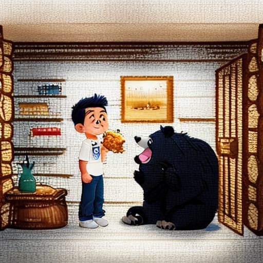  a boy with black short hair, white shirt, blue jeans is standing, the bear is sitting and eating honey, in a dimly lit cabin.