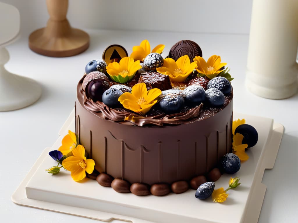  An ultradetailed photorealistic image of a decadent chocolate cake adorned with intricate chocolate decorations, shimmering gold flakes, and delicate edible flowers, set on a sleek marble serving platter. The cake is elegantly presented in a stylish, modern setting with soft, natural lighting enhancing the glossy sheen of the chocolate ganache and highlighting the intricate details of the decorations. This visually stunning image captures the essence of current trends in chocolate dessert decoration, blending sophistication with artistry. hyperrealistic, full body, detailed clothing, highly detailed, cinematic lighting, stunningly beautiful, intricate, sharp focus, f/1. 8, 85mm, (centered image composition), (professionally color graded), ((bright soft diffused light)), volumetric fog, trending on instagram, trending on tumblr, HDR 4K, 8K