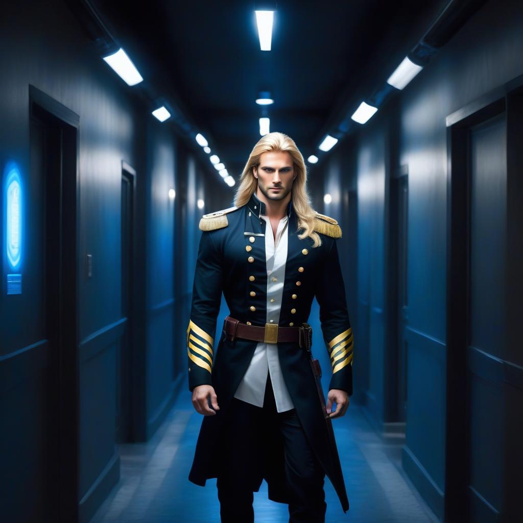  Realistically, a handsome man a blonde, with fox like ears, long hair, a man with yellow eyes, wearing black military clothing and walking down a corridor lit with blue spotlights, hands crossed, sharp focus, bright, clear eyes, well drawn details, bright, lively eyes, a fantastic portrait illustration, a portrait in the style of fantasy, blue and white flashes, bright colors, bright eyes, fantastic art, intricate design, super detailed, sharp focus, 8k, high resolution, elegant. hyperrealistic, full body, detailed clothing, highly detailed, cinematic lighting, stunningly beautiful, intricate, sharp focus, f/1. 8, 85mm, (centered image composition), (professionally color graded), ((bright soft diffused light)), volumetric fog, trending on instagram, trending on tumblr, HDR 4K, 8K