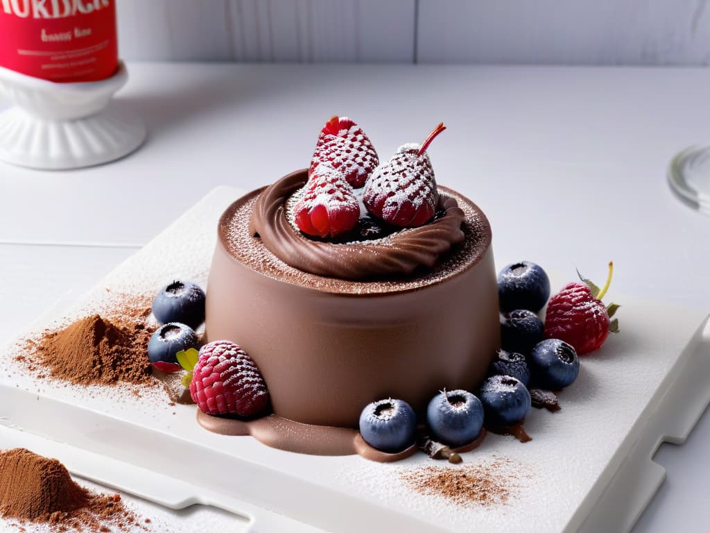  A closeup, ultradetailed image of a decadent sugarfree chocolate mousse served elegantly in a sleek, minimalist white ceramic bowl, garnished with fresh raspberries and a dusting of cocoa powder. The rich, creamy texture of the mousse is perfectly captured, showcasing its velvety smoothness and indulgent appeal. The contrast between the glossy surface of the dessert and the vibrant red of the raspberries creates a visually striking composition, emphasizing the guiltfree luxury of enjoying chocolate in a healthy and delicious way. hyperrealistic, full body, detailed clothing, highly detailed, cinematic lighting, stunningly beautiful, intricate, sharp focus, f/1. 8, 85mm, (centered image composition), (professionally color graded), ((bright soft diffused light)), volumetric fog, trending on instagram, trending on tumblr, HDR 4K, 8K