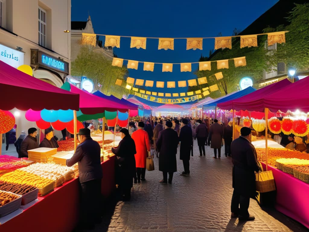  A bustling street at dusk filled with colorful food stalls adorned with vibrant banners and twinkling lights, showcasing an array of decadent desserts from around the world. In the foreground, a smiling vendor hands a freshly made churro drizzled with chocolate sauce to a delighted customer, capturing the essence of international dessert festivals in 2021. The scene is alive with a diverse crowd of people sampling treats, chatting animatedly, and taking in the festive atmosphere under a starry sky. The image is rich in detail, from the intricate decorations on the stalls to the expressions of joy on the faces of those enjoying the sweet offerings. hyperrealistic, full body, detailed clothing, highly detailed, cinematic lighting, stunningly beautiful, intricate, sharp focus, f/1. 8, 85mm, (centered image composition), (professionally color graded), ((bright soft diffused light)), volumetric fog, trending on instagram, trending on tumblr, HDR 4K, 8K