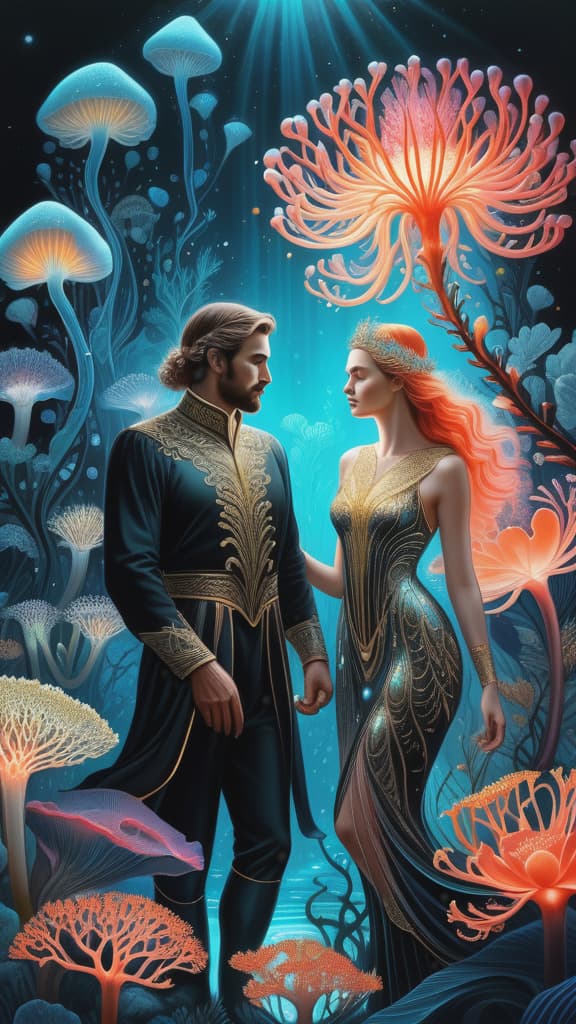 photo RAW, (Ultra detailed illustration of a man and women lost in a magical world of wonders, glowy, bioluminescent flora, incredibly detailed, pastel colors, art by Mschiffer, night, bioluminescence, ultrarealistic, hyperrealistice, hyperdetailed: shiny aura, highly detailed, black pearls, gold and coral filigree, intricate motifs, organic tracery, Kiernan Shipka, Januz Miralles, Hikari Shimoda, glowing stardust by W. Zelmer, perfect composition, smooth, sharp focus, sparkling particles, lively coral reef colored background Realistic, realism, hd, 35mm photograph, 8k), masterpiece, award winning photography, natural light, perfect composition, high detail, hyper realistic, add depth, water background